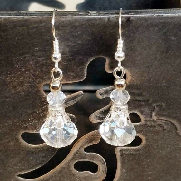 Handcrafted Victorian Clear Crystal Silver Filigree Basket Earrings - Picture 1 of 8